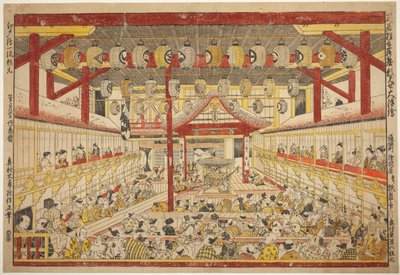 Gran imagen en perspectiva de la actuación de Kaomise en el escenario Kabuki (Shibai kyogen butai kaomise o uki-e) de Okumura Masanobu