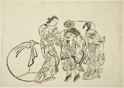 Midiendo la altura de Daikoku, no. 5 de una serie de 12 grabados de Okumura Masanobu