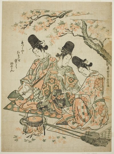 Parodia de asistentes del palacio quemando hojas de arce para calentar sake de "El cuento de Heike" de Okumura Masanobu