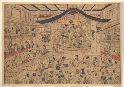 Vista en perspectiva (uki-e) de un teatro kabuki, con una representación de Los motivos heráldicos de los hermanos Soga y Nagoya Sanza (Mon-zukushi Nagoya Soga) de Okumura Masanobu