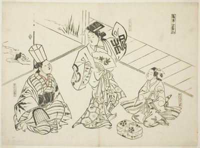 Baile sanbaso en un burdel (Ageya sanbaso), nº 1 de una serie de 12 grabados que representan parodias de obras de teatro. de Okumura Masanobu