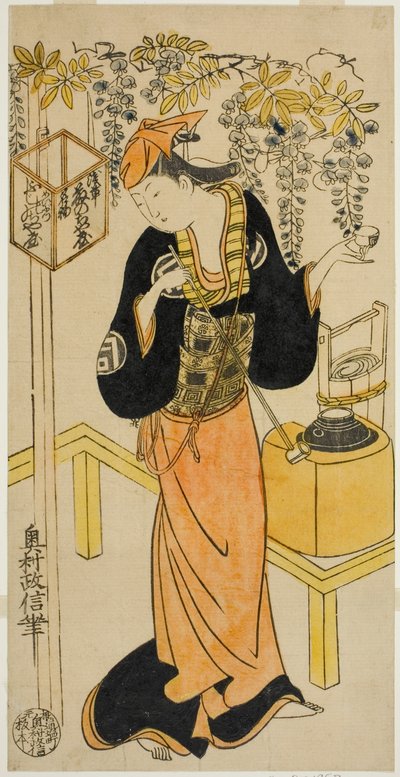 El actor Sanogawa Mangiku I como Ohatsu en la obra "Sogazaki Shinju," representada en el Teatro Nakamura en el cuarto mes, 1719 de Okumura Masanobu