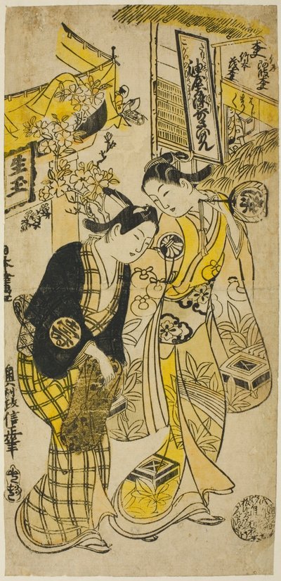 Los Actores Segawa Kikunojo I como Osome y Sodesaki Kikutaro como Hisamatsu en la obra "Osome Hisamatsu Shinju," representada en el Teatro Nakamura en el sexto mes, 1731 de Okumura Masanobu