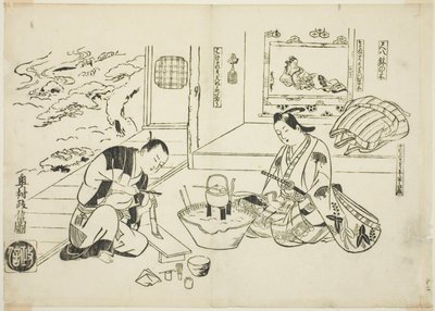 La flauta de bambú y el árbol en maceta (Shakuhachi hachi-no-ki), nº 12 de una serie de 12 grabados que representan parodias de obras de teatro de Okumura Masanobu