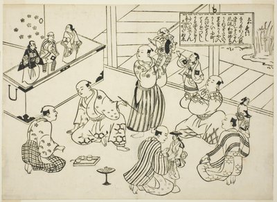 El camerino de un teatro de marionetas, el índice de la serie "Escenas famosas de obras de marionetas japonesas (Yamato irotake)" de Okumura Masanobu