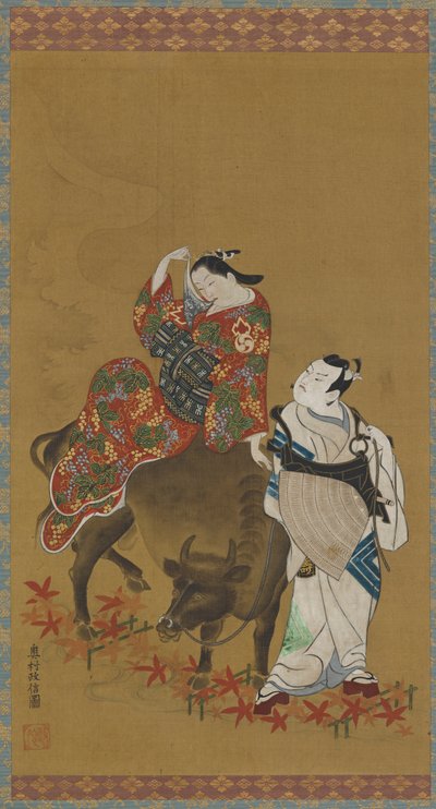 Dos actores kabuki en los papeles de una cortesana en un búfalo de agua y un sacerdote viajero, 1686-1764 de Okumura Masanobu