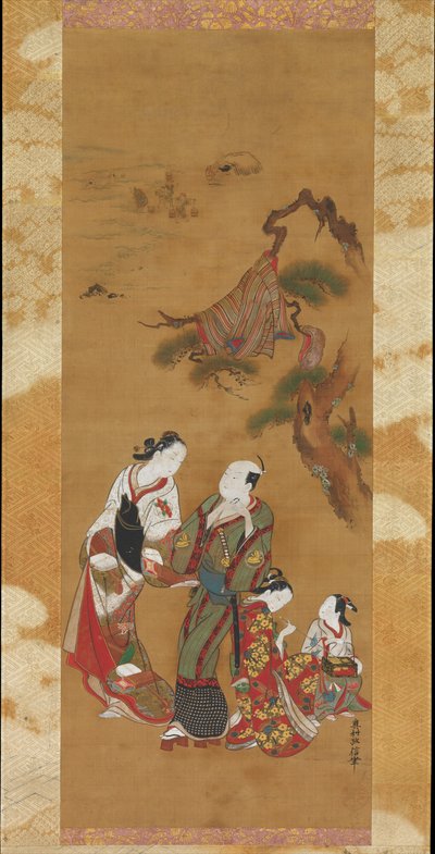 Yukihira und zwei Bräutjungfern in Suma de Okumura Masanobu