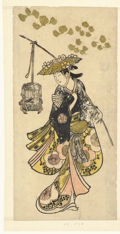 Mujer joven con jaula de Okumura Toshinobu (attributed to)