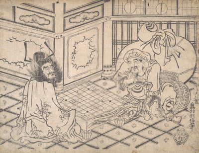Daikoku y Shoki jugando al ajedrez, ca. 1730 de Okumura Toshinobu