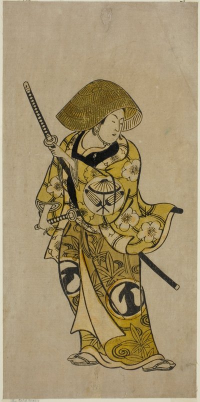 El actor Sawamura Kamesaburo como Nagoya Kosanza en la obra "Keisei Fukubiki Nagoya," representada en el Teatro Nakamura en el primer mes, 1731 de Okumura Toshinobu