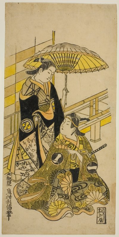 Los actores Ichikawa Monnosuke I como Kusunoki Masatsura y Arashi Wakano como Oyuki en la obra "Honen Taiheiki," representada en el Teatro Nakamura en el undécimo mes, 1723 de Okumura Toshinobu