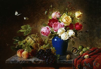 Rosas en un jarrón, duraznos, nueces y un melón en un borde de mármol de Olaf August Hermansen