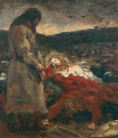 Tore Hund por el cadáver de Olaf el Santo en Stiklestad de Olaf Isaachsen