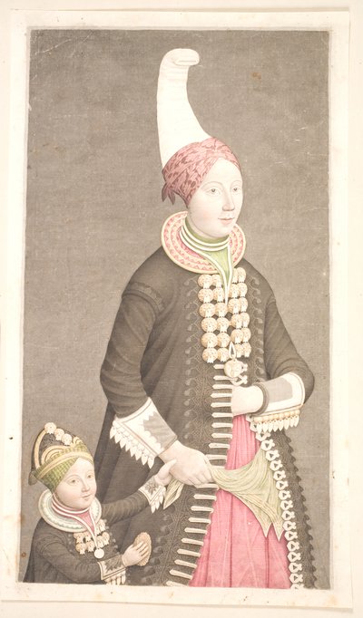 Mujer y niña con trajes islandeses de Olavius