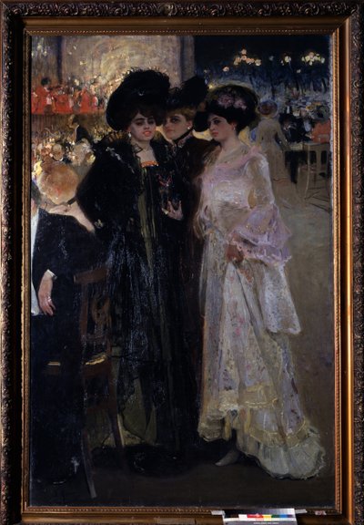 Café en París (Francia). (Café en París). Escena nocturna, tres mujeres conversan en medio de una multitud en la mesa, a lo lejos, una orquesta y las farolas de la ciudad. Pintura de Alexander Alexandrovich Murashko (Alexander Murashko) (1875-1919), óleo s de Oleksandr Murashko