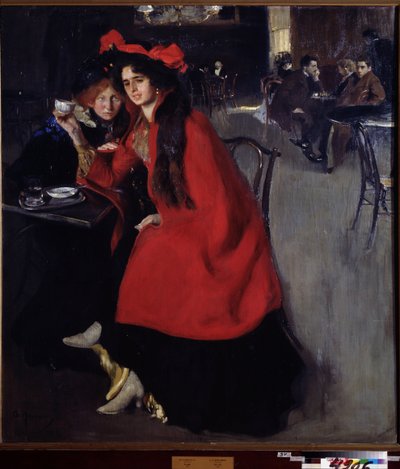 En un café (En un Café). Escena en un café probablemente en París. Pintura de Alexander Alexandrovich Murashko (Alexander Murashko) (1875-1919), óleo sobre lienzo de Oleksandr Murashko