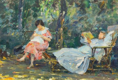 Leer y tejer en el jardín (óleo sobre tabla) de Olga (1881 1941) Slomszynska