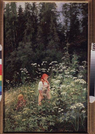 Niña frente a un penacho de hierba (Niña en un penacho de hierba). Pintura de Olga Antonovna Lagoda Shishkina (1850-1881), óleo sobre lienzo de Olga Antonova Lagoda Shishkina