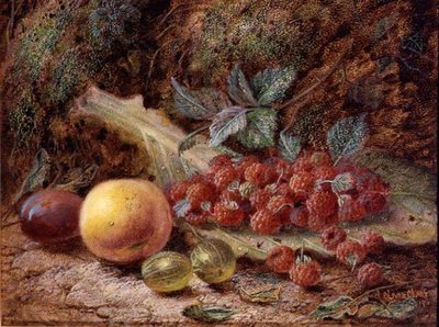 Naturaleza muerta con frutas en una hoja de col de Oliver Clare
