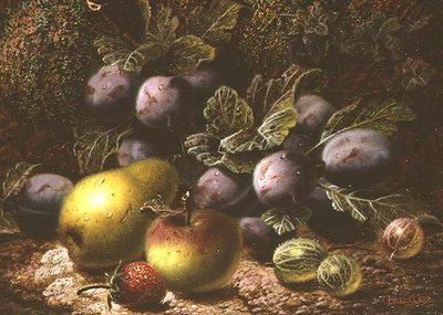 Naturaleza muerta con ciruelas, grosellas, manzana, pera y fresa de Oliver Clare
