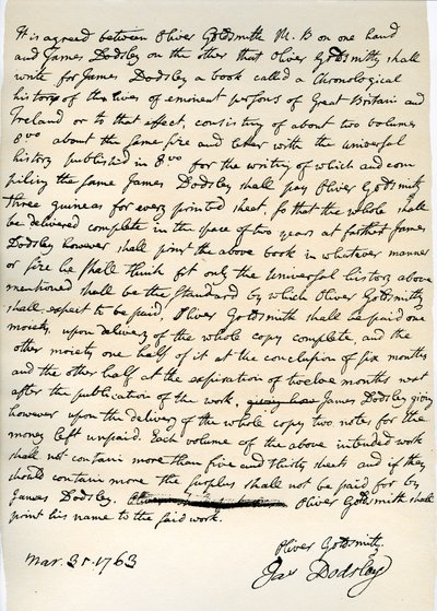 Acuerdo de Oliver Goldsmith para escribir para James Dodsley, 31 de marzo de 1763 de Oliver Goldsmith