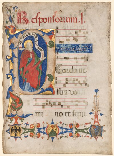 Leaf from an Antiphonary: Historiated Initial P with the Prophet Samuel; Arms of the Visconti Family and the Olivetan Order de Olivetan Master