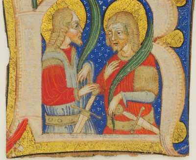 Hoja de Manuscrito con una Inicial Iluminada R con San Protasio y San Gervasio, mediados del siglo XV de Olivetan Master