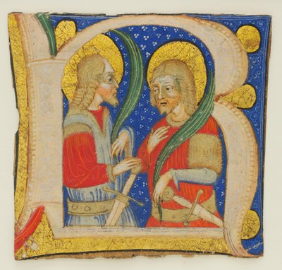 Recorte de Hoja de Manuscrito Mostrando una Inicial Iluminada R con San Protasio, mediados del siglo XV de Olivetan Master