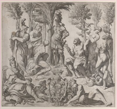Composición Alegórica con seis dioses olímpicos reunidos alrededor de una figura en armadura, 1615-35 de Oliviero Gatti
