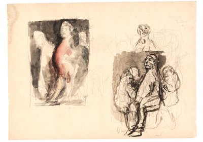 Diferentes bocetos, incluyendo un boceto coloreado de "Diógenes" de Oluf Hartmann