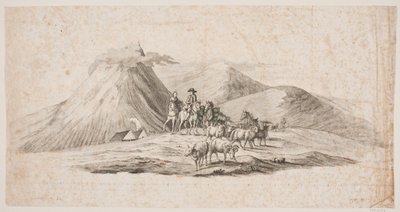 Paisaje islandés con ovejas y jinetes de Oluf Olufsen Bagge