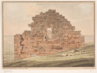 Ruinas de una iglesia en Groenlandia. Ilustración de W.A. Graah. Expedición de investigación a la costa este de Groenlandia de Oluf Olufsen Bagge