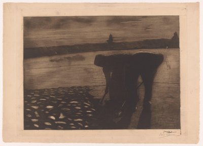 Hombre y mujer trabajan en el lecho de un río por la noche de Omer Coppens (signed by artist)