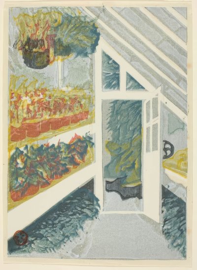 Invernadero, de la serie «Grabados del Jardín Imperial de Shinjuku (Shinjuku Gyoen hanga)». de Onchi Kôshirô