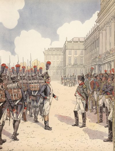 Napoleón siendo abordado por un teniente nervioso durante un desfile en Schoenbrunn de Onfray de Breville Job