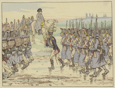 Napoleón observando mientras el último contingente del ejército en la campaña francesa marcha cerca de Reims, 16 de marzo de 1814 de Onfray de Breville Job