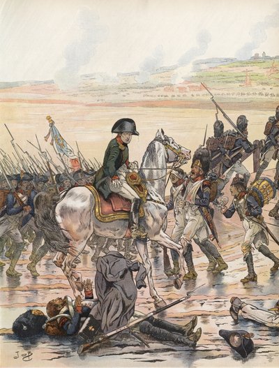 Napoleón mostrando consideración por uno de sus soldados caídos durante la campaña del Rin de Onfray de Breville Job