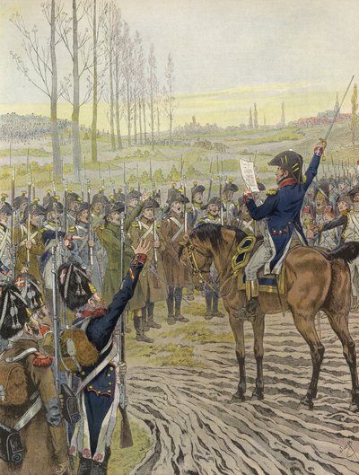 Las palabras de Napoleón siendo leídas a algunos de sus soldados durante la campaña del Rin, 1805 de Onfray de Breville Job