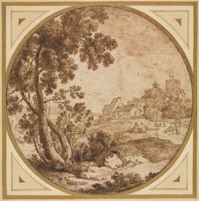 Paisaje con edificios y figuras de Onorio Marinari