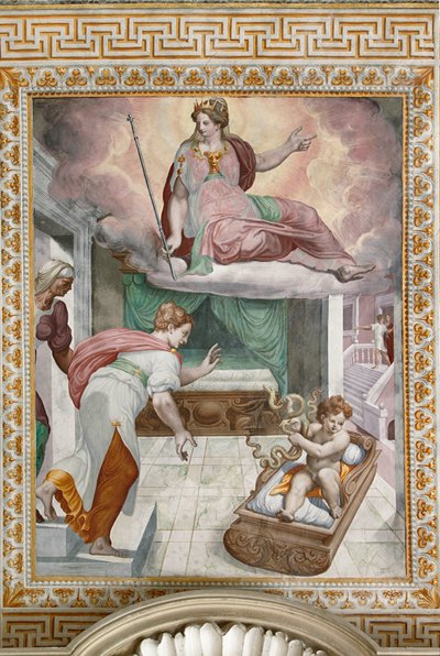 Hércules recién nacido luchando contra las serpientes enviadas por Hera, bajo la mirada de su madre Alcmena, detalle de las Historias de Hércules de Orazio Samacchini