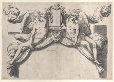 Dos ángeles sosteniendo un cartucho o escudo, 1568-77 de Orazio de Sanctis