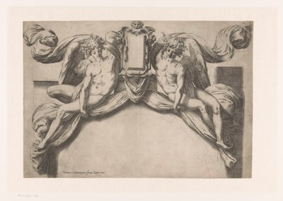 Diseño para un marco de puerta con dos genios sosteniendo una cartela de Orazio de Santis (attributed to)