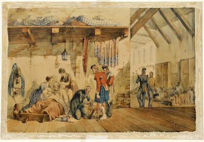 [Barrack] Hospital Scutari, escena con enfermeras y soldados del Regimiento Highland, 1854-56 de Orlando Norie