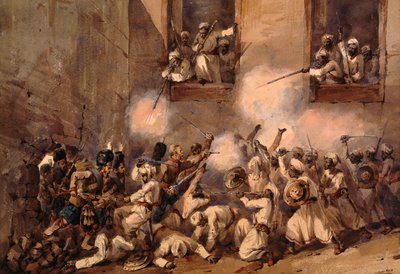 Los 93º Highlanders entrando en la brecha durante el asalto a Secundrabagh, Lucknow, 16 de noviembre de 1857 de Orlando Norie