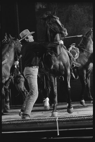 Gregory Peck con caballo en el set de 