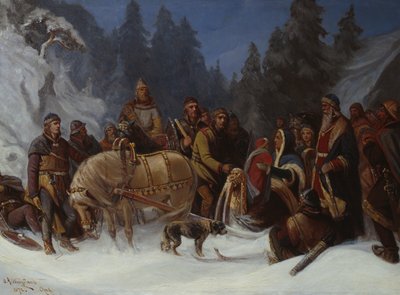 Inga Kongemor confía a su hijo Håkon Håkonsson al jefe de Birkebeiner Dagfinn Bonde de Oscar Arnold Wergeland