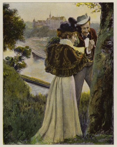 Pareja tallando sus iniciales en la corteza de un árbol (litografia en color) de Oscar Bluhm