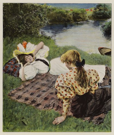 Dos mujeres jóvenes relajándose en la orilla de un río discutiendo estar enamoradas (litografia en color) de Oscar Bluhm