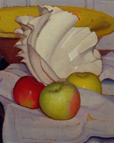 Composición con concha y tres manzanas (óleo sobre cartón) de Oscar Ghiglia