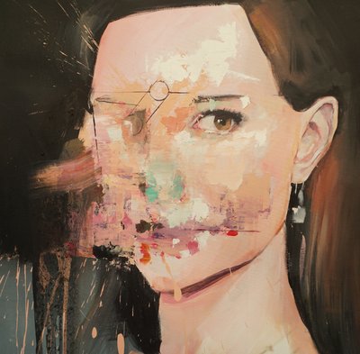Natalie Portman distorsionada, 2019-25 (acrílico, pastel y óleo sobre lienzo) de Oscar Nin